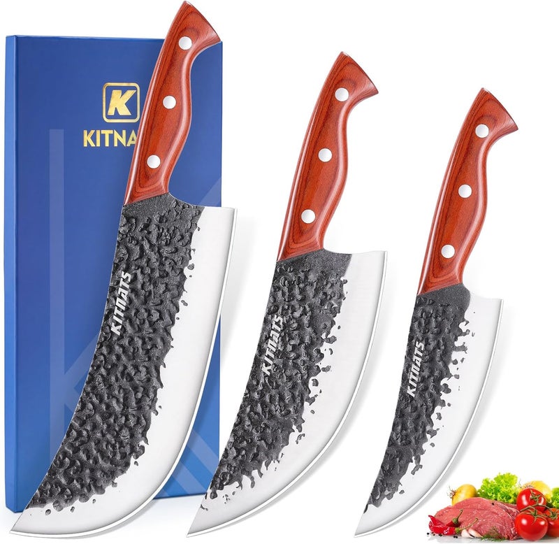 KITNATS Professional Butcher Knife Set, Hand Forged Heavy Duty Meat Cleaver Serbian Chef Knife Viking Boning Knife 3PCS Kitchen Set for Meat Cutting Home Kitchen Outdoor Camping BBQ Cooking Gift for Men - Image 1